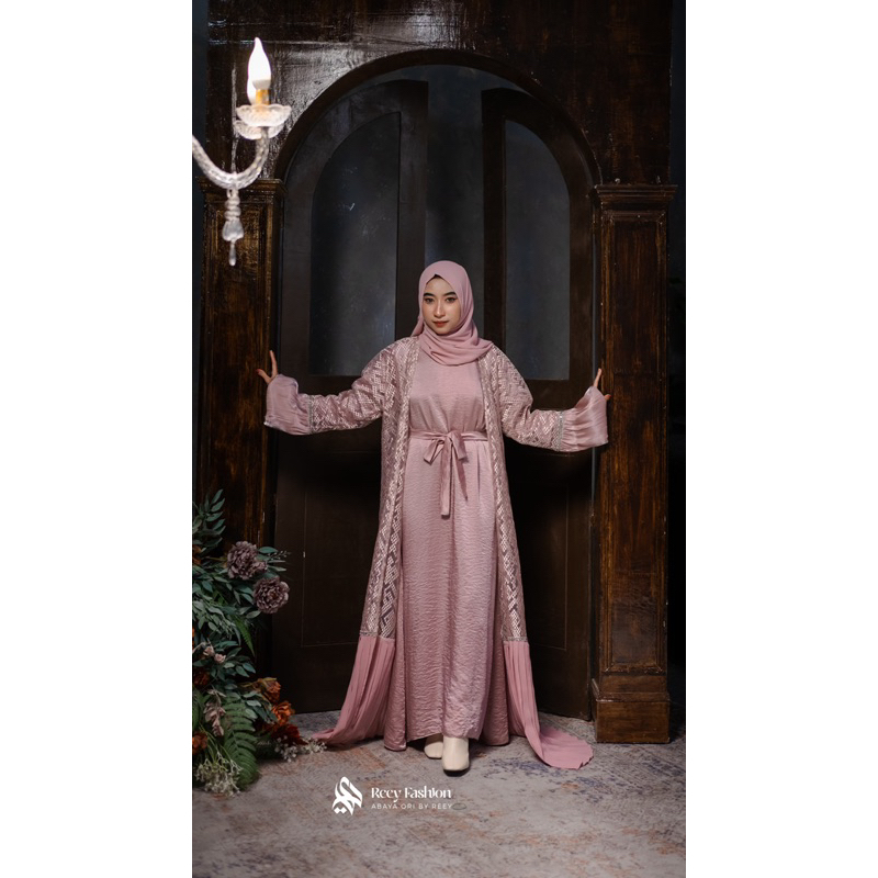 Abaya Marwah Iner Outer Brokat set Pashmina