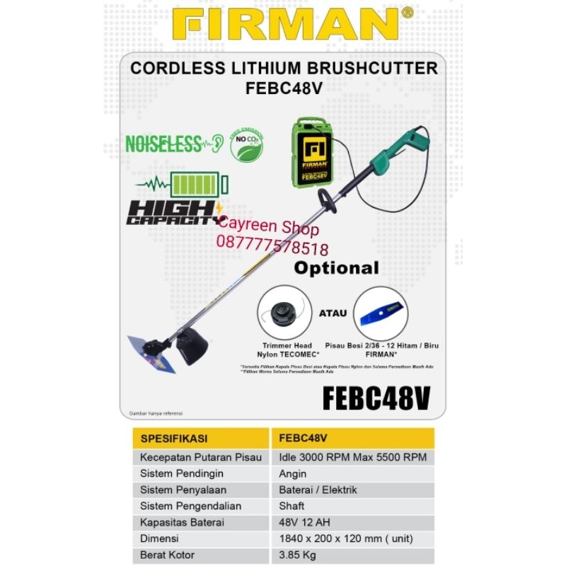 Mesin Potong Rumput Baterai Firman FEBC48 # Brush Cutter Cordless Firman 48 Volt