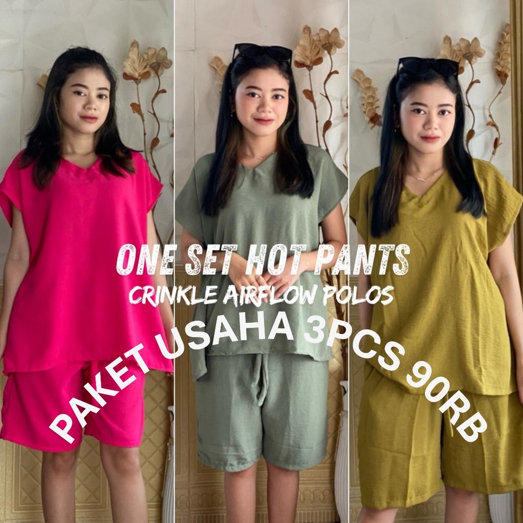 PAKET USAHA 3PCS ONE SET SETELAN BAJU WANITA / HOTPANS BAHAN CRINKLE AIRFLOW / CELANA PENDEK WANITA 