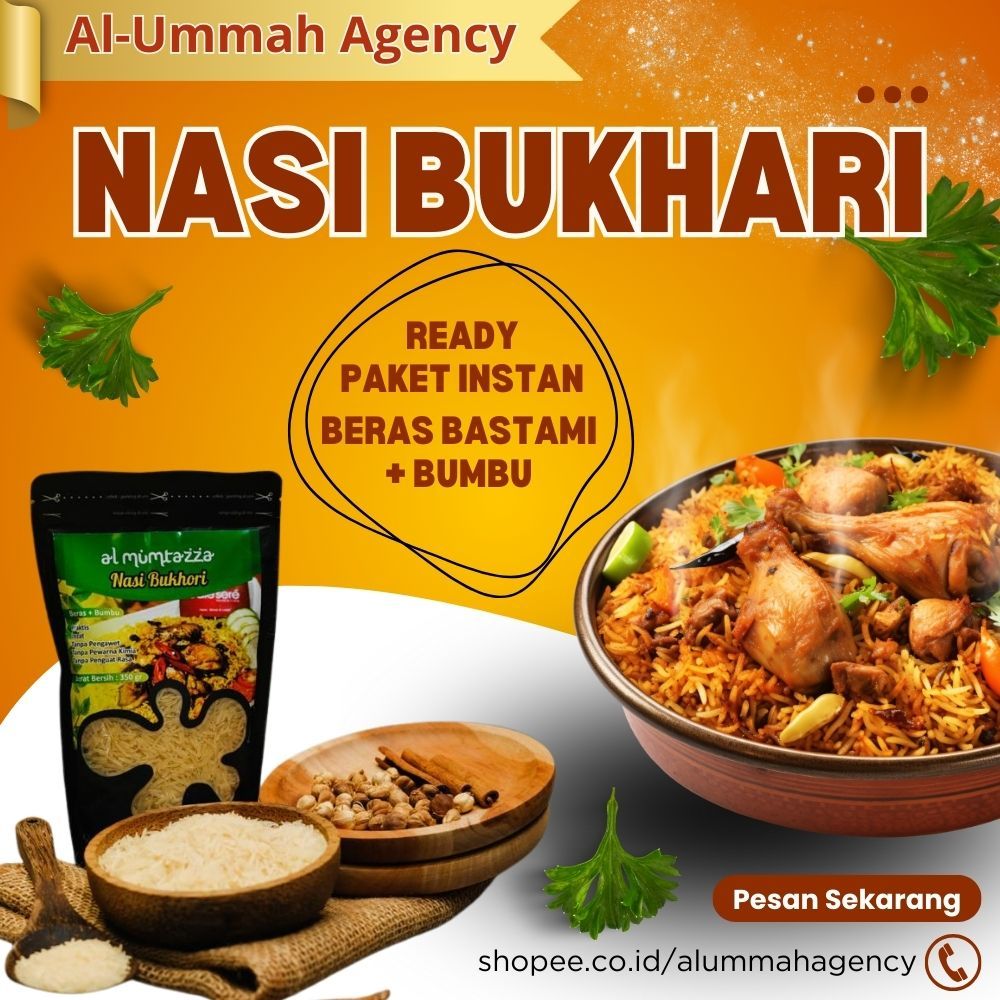 

Nasi Bukhari Paket Instan Beras Basmati dan Bumbu Bukhari Khas Timur Tengah Al-Mumtazza 350 Gram