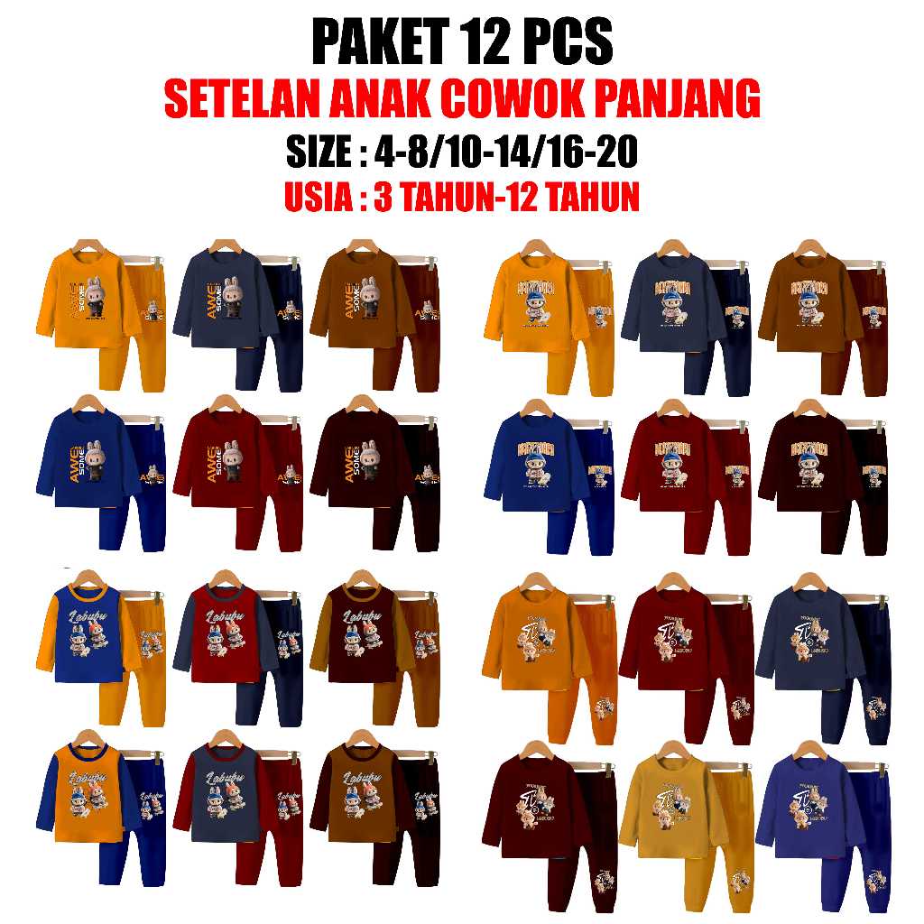 PAKET 12 PCS SETELAN ANAK COWOK CEWEK PANJANG KAOS ANAK PANJANG BAJU ANAK PANJANG SETELAN PANJANG AN