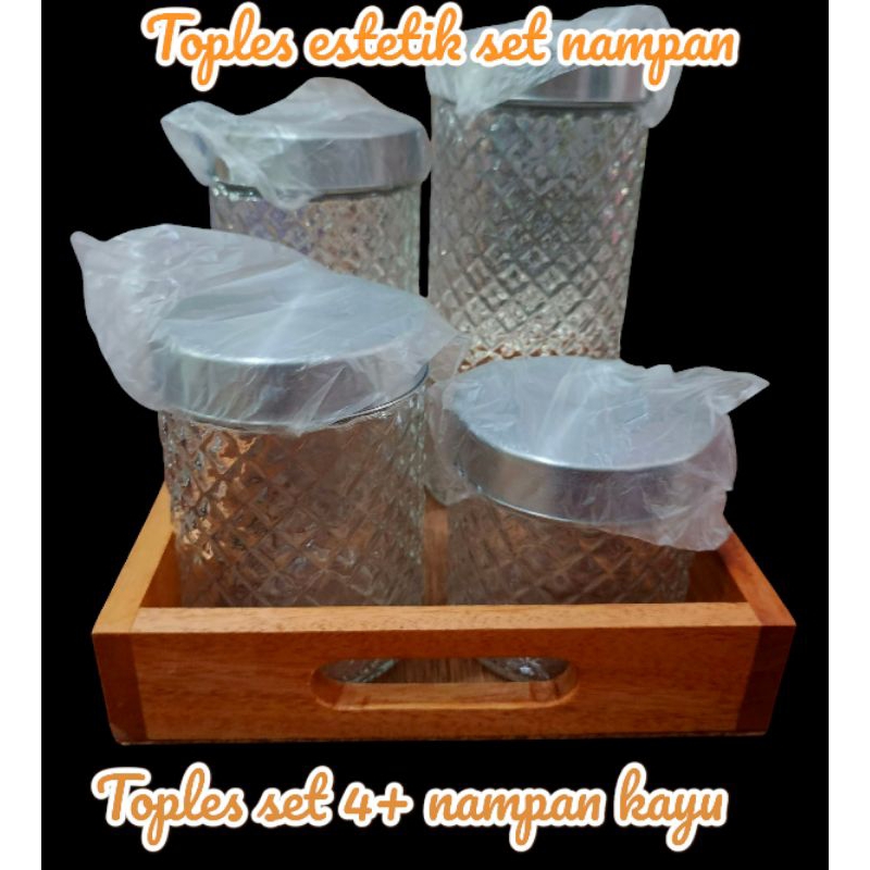 toples kaca Rak kayu set 4, 4pcs Toples + 1 rak Toples set estetik minimalis