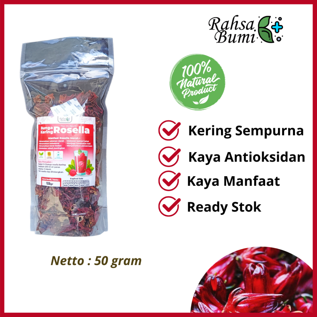 

Minuman Herbal Alami Bunga Rosella Kering 50gr - Atasi Hipertensi, Kolesterol, Obesitas, Asam Lambung, Kecemasan by Rahsa Bumi