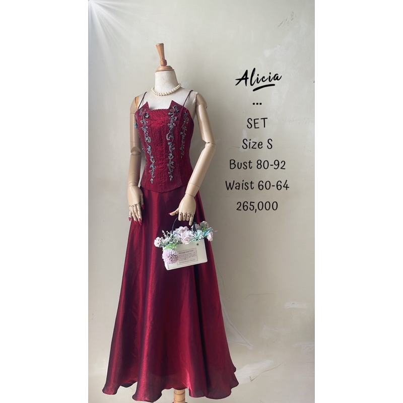 Setelan gaun gown wanita cewek merah payet sequin manik bordir embroidery bunga tempel furing setali