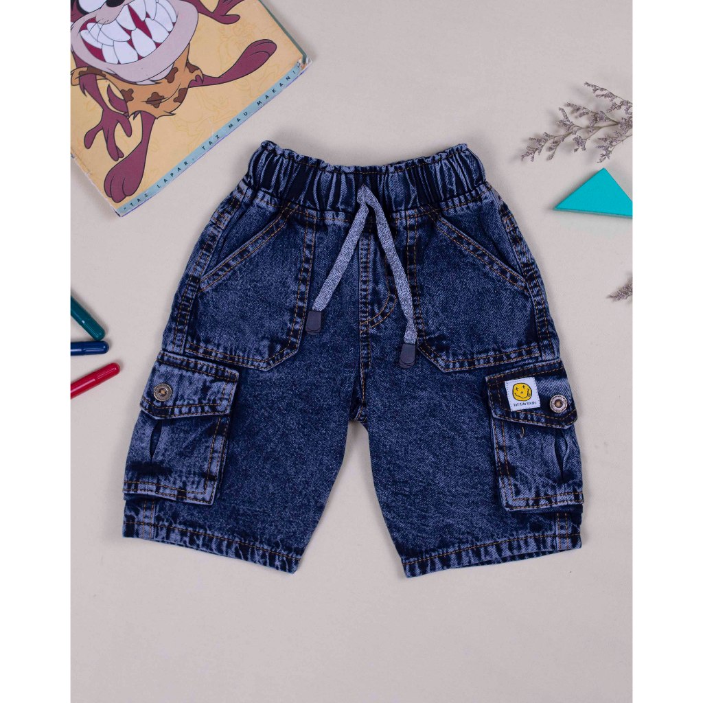 TNT KIDS - Celana Pendek Cargo Jeans Black Washed | Celana Denim Cargo Anak Unisex | Celana Jeans Ca
