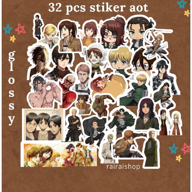 

Glossy Stiker Aot Anime 32 pcs Free kertas mewarnai 5 lembar