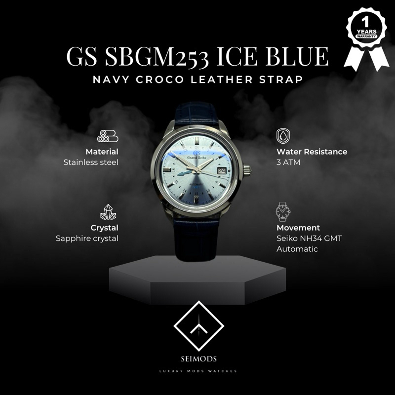 Jam Tangan Grand Seiko Mod SBGM253 Ice Blue Dial GMT NH34 Automatic Leather Dress Watch