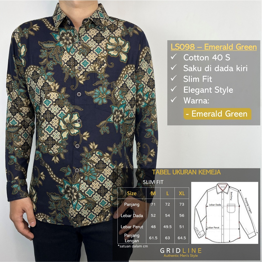 [GRIDLINE - LS098 Emerald Green] Kemeja Batik Slimfit Pria Lengan Panjang FULL KATUN Premium Baru