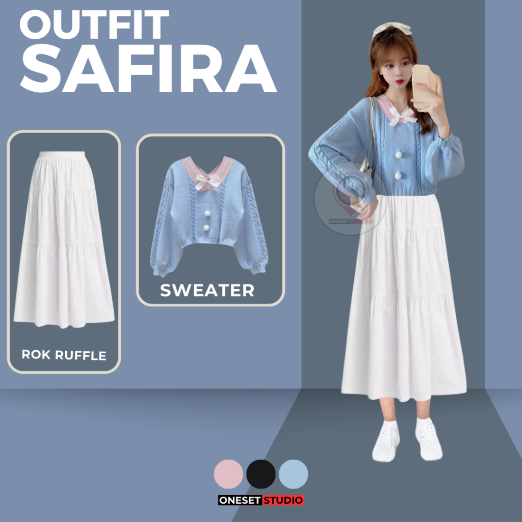 One Set Wanita Setelan Hangout (Sweater Rajut + Rok Ruffle) OOTD Korean Style Kekinian SAFIRA