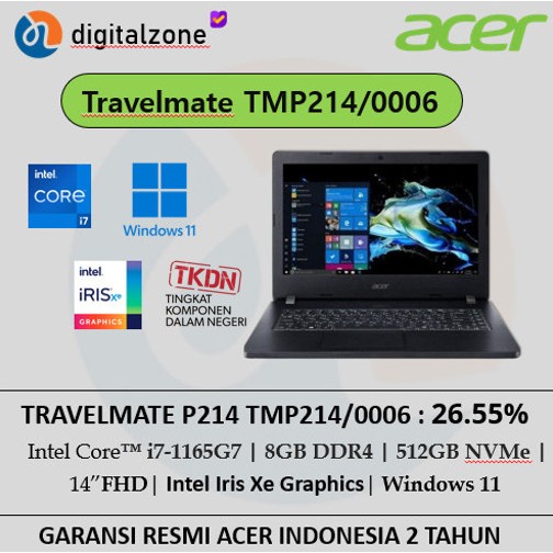 ACER TRAVELMATE P214 TMP214/0006 TKDN - I7 1165G7 8GB 512GB W11 14FHD FP 3Y-2YP BLACK