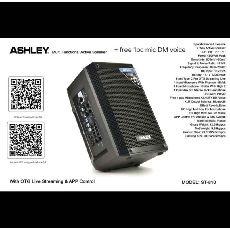 Speaker Aktif Monitor Portable 8in Ashley ST-810 free mic kabel Ashley St 810