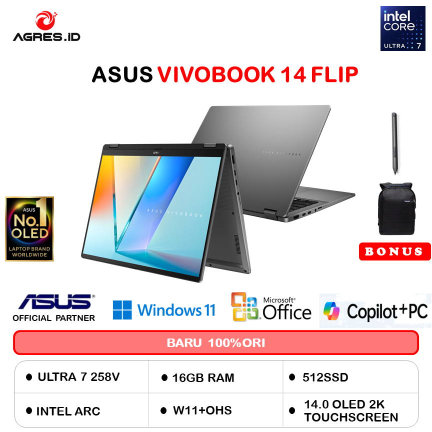 ASUS VIVOBOOK 14 FLIP OLED TP3407SA ULTRA 7 256V 16GB 512GB W11+OHS 14.0 2K TOUCH PEN 2IN1 GREY