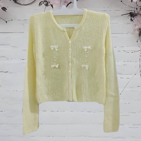 Atasan Rajut Cardigan Fuzzy Pita crop Kuning Premium (thrift)