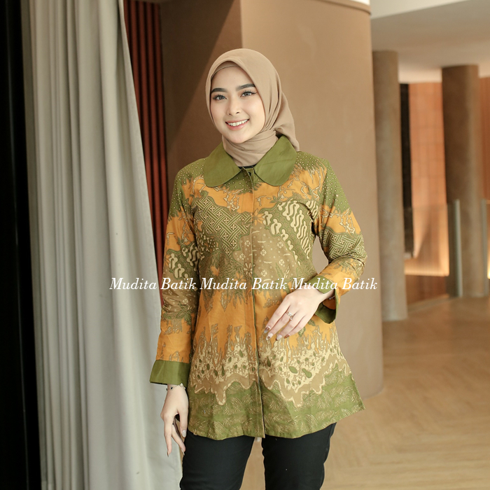 Batik Mudita Motif Kamila Batik Wanita Modern Premium Lengan Panjang Lapis Furing Trikot Warna Hijau