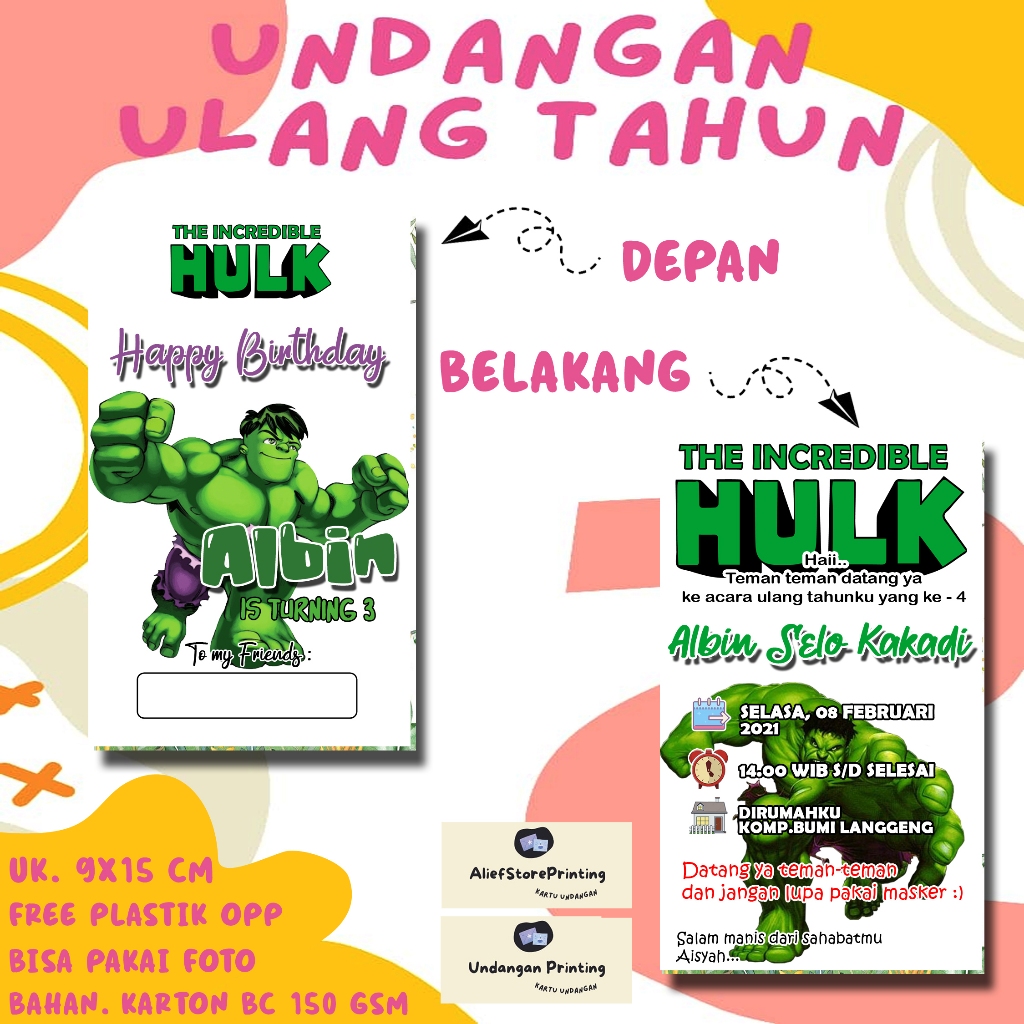 Undangan Ulang tahun HULK  (30 PCS / 50 PCS ) Undangan Ulang tahun anak Undangan kartun anak Ulang t