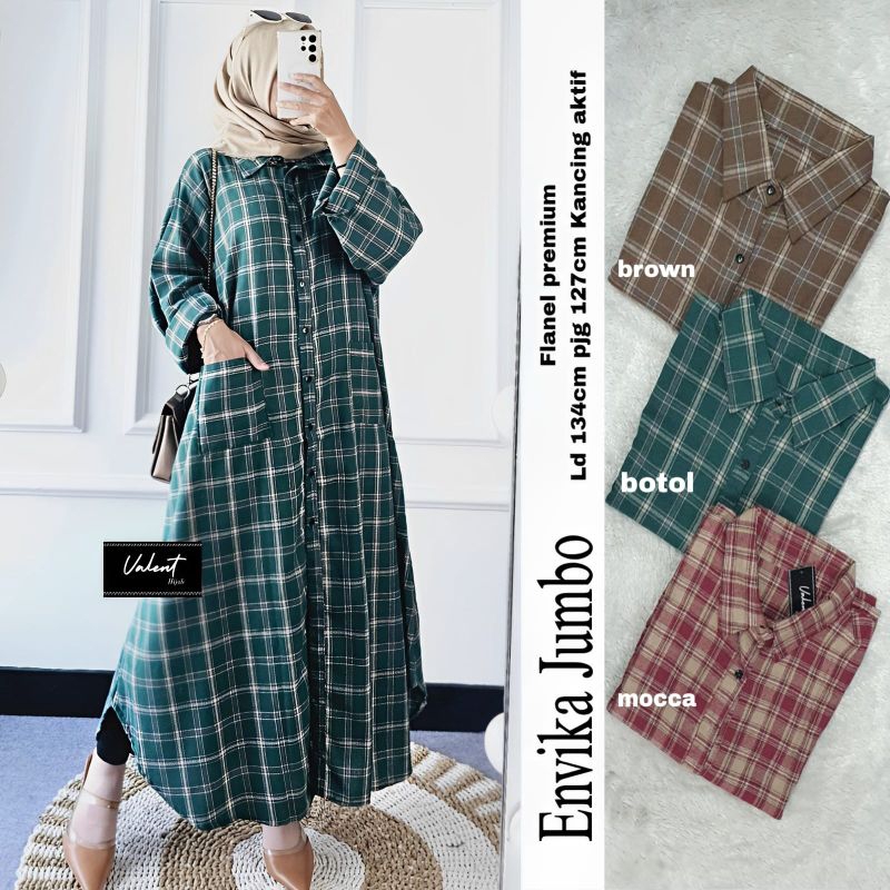 GAMIS FLANEL JUMBO LD 134 DRESS WANITA MUSLIM JUMBO GAMIS FLANEL KOTAK KOTAK BUSUI KANCING DEPAN ERI