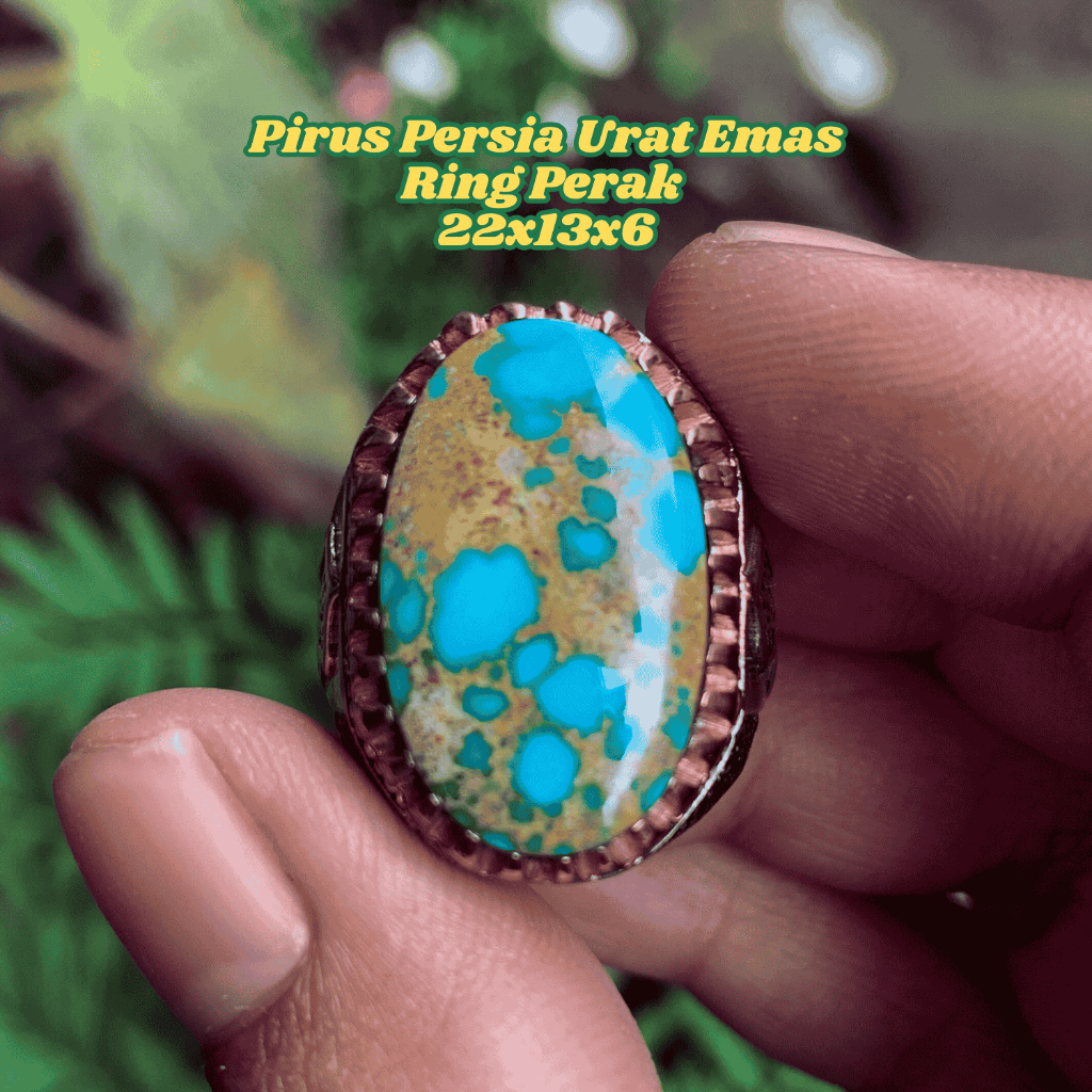 Pirus Persia Asli Biru Serat Emas Urat Emas HQ Ring Perak Size 8