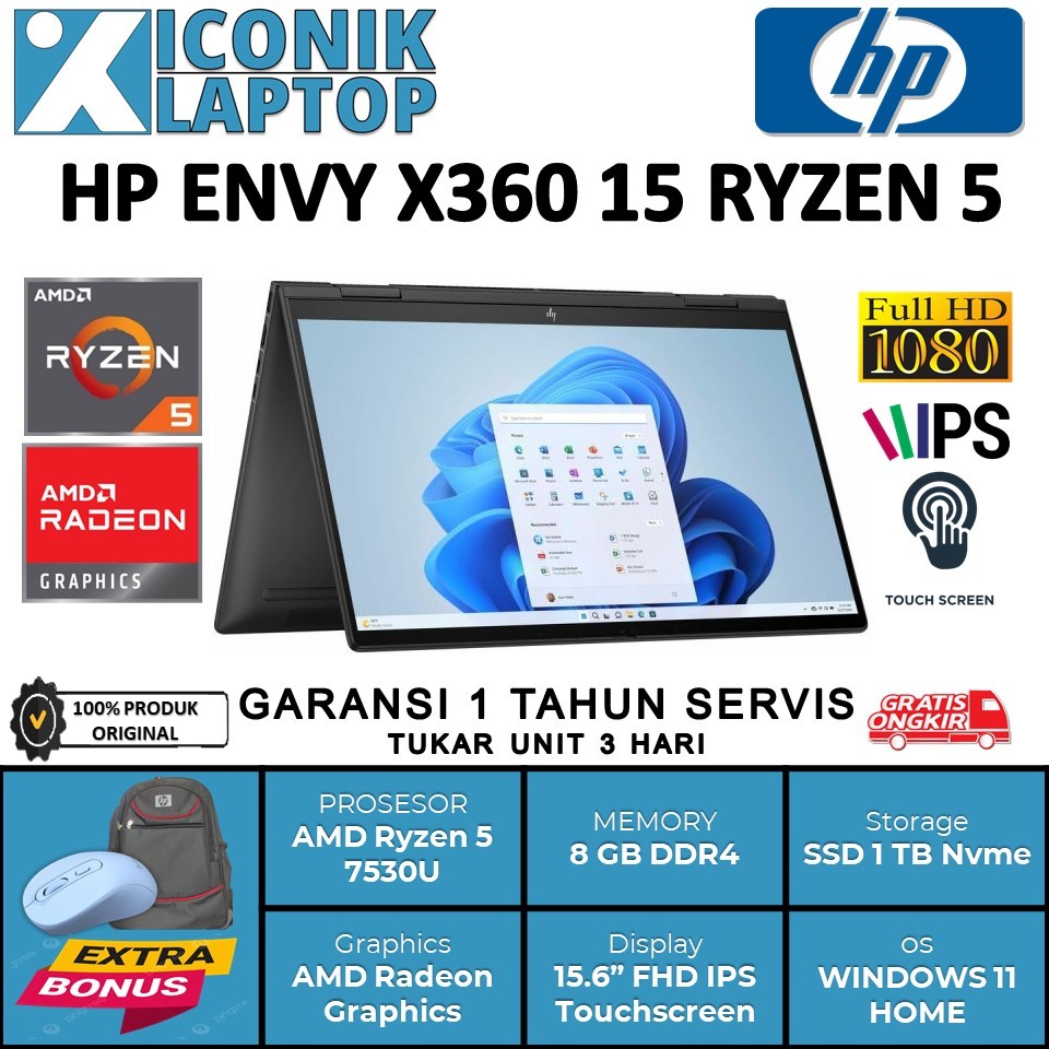 Laptop Hp Envy X360 15 Amd Ryzen 5 Gen 7 15.6 Full Hd iPS Touchscreen