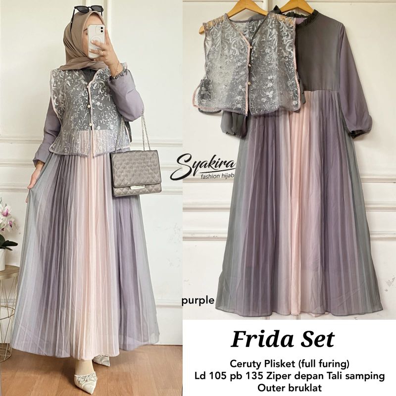Syakira Fashion Hijab Frida Set Ceruty Plisket (full furing)|Gamis wanita terbaru 2025