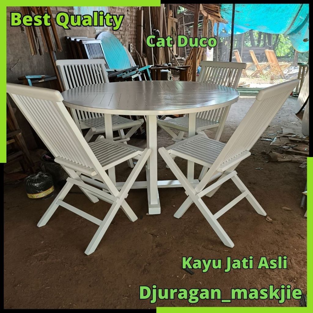 Set meja kursi makan cafe minimalis model bulat kursi lipat cat duco putih kayu jati Jepara