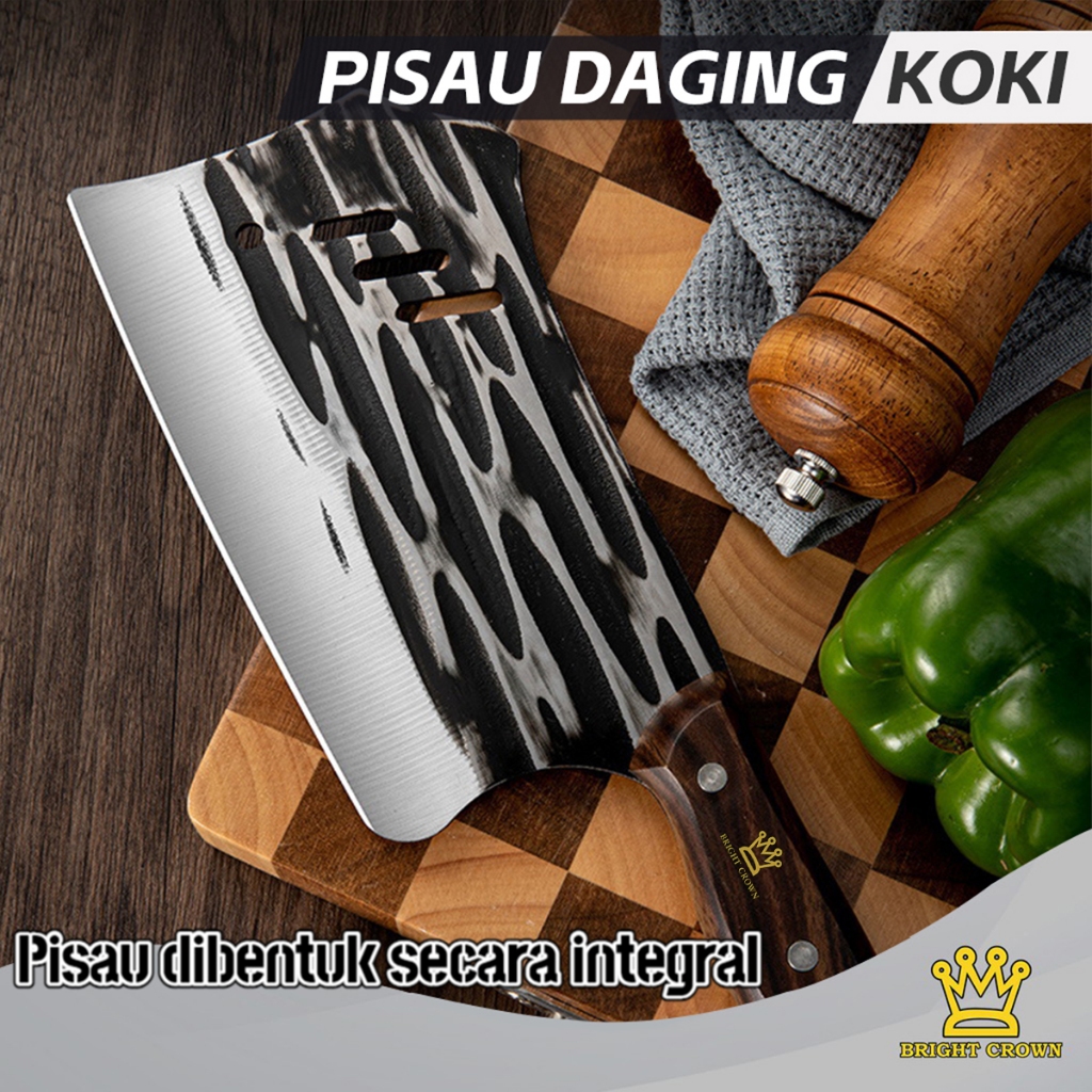 terbaru bright crown set pisau koki dapur super tajam stainless gagang kayu / golok cacah daging dan