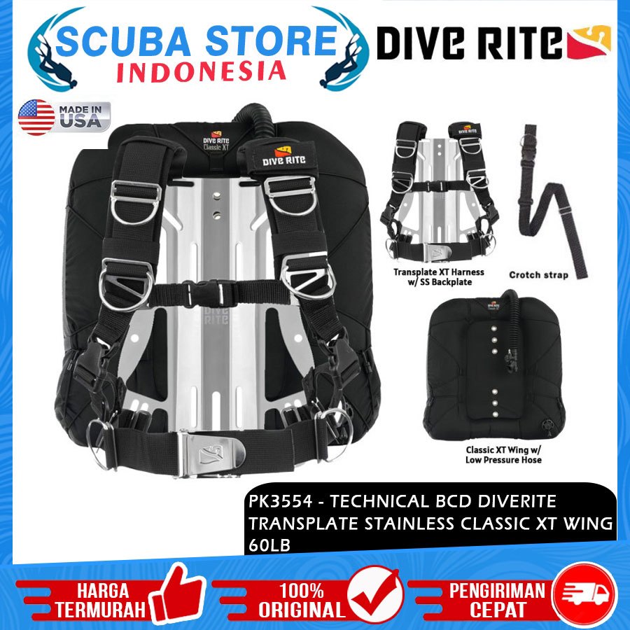 PK3554 Technical BCD Diverite Transplate Stainless Classic XT Wing 60LB Dive Rite BC Scuba Diving