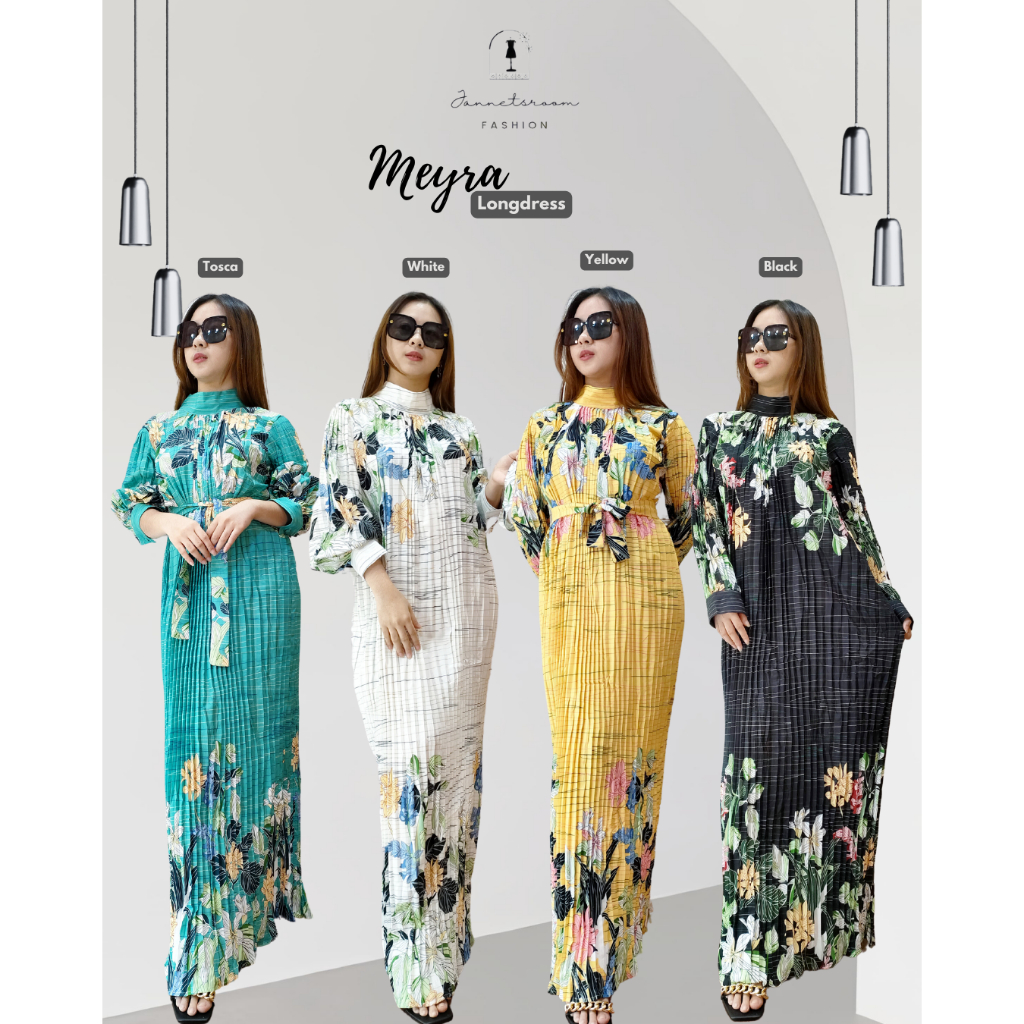 Meyra Longdress  Plisket Lengan Panjang Stretch Motif Bunga Flower Dress Hari Raya Lebaran by Jannet