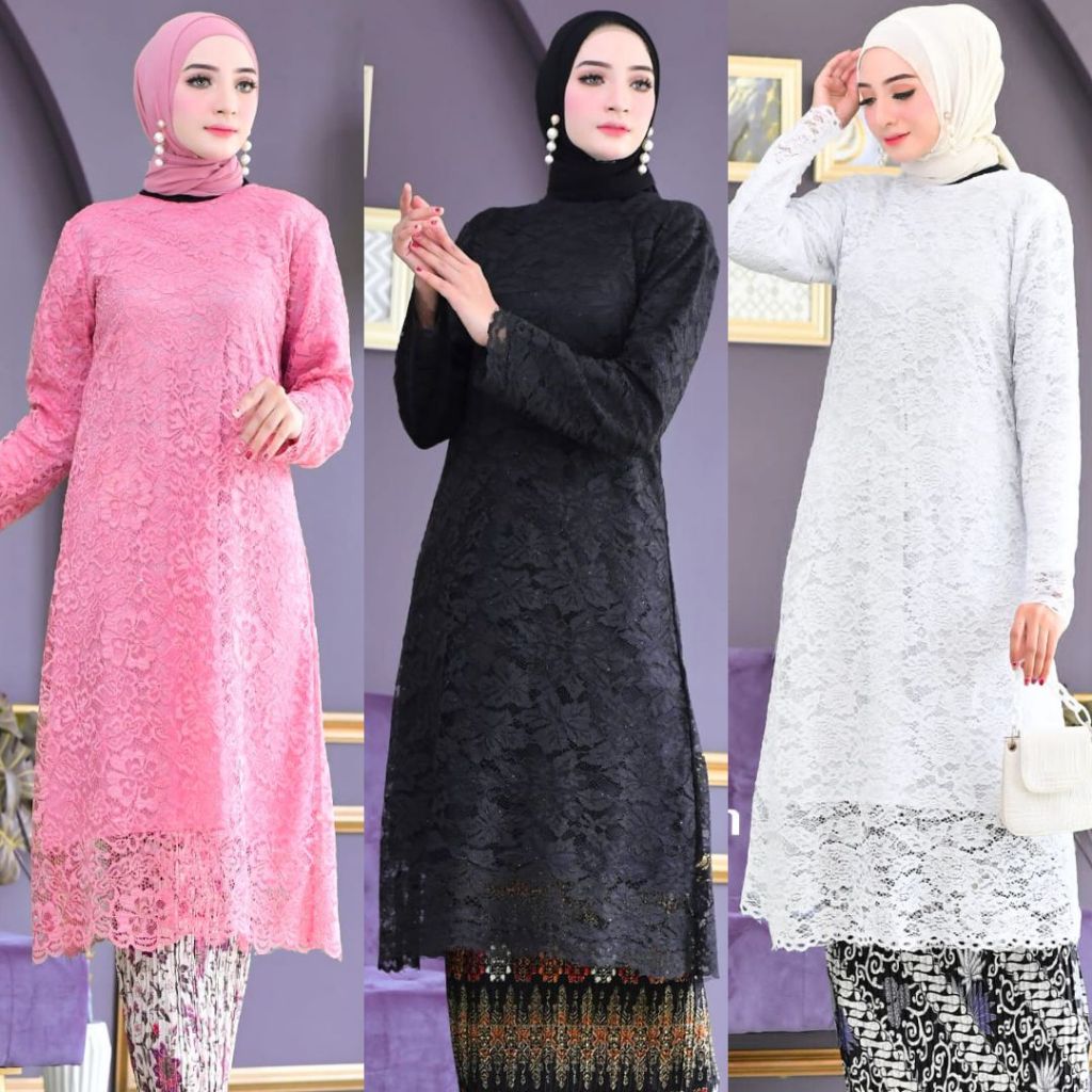 PROMO .... !! Atasan Kebaya Modern Tunik Brokat Putih Aneka Pilihan Warna Lainnya