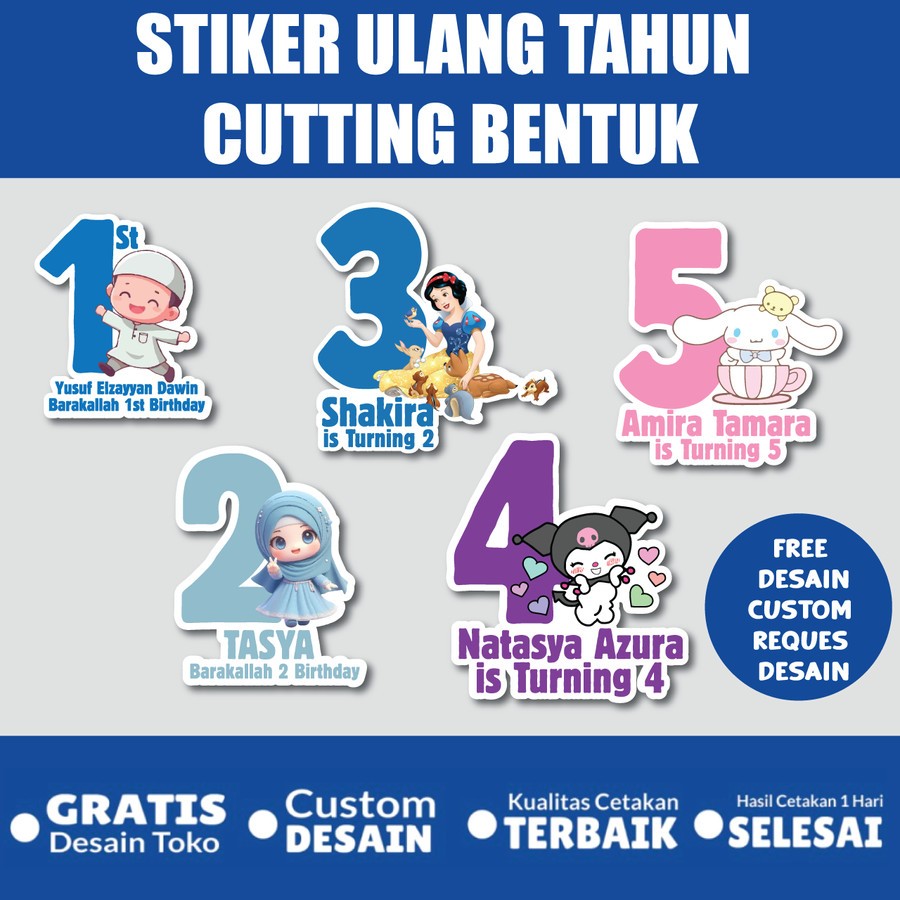 

aksesoris ulang tahun stiker atau hangtag ulang tahun anak bentuk custom free desain 1 hari selesai