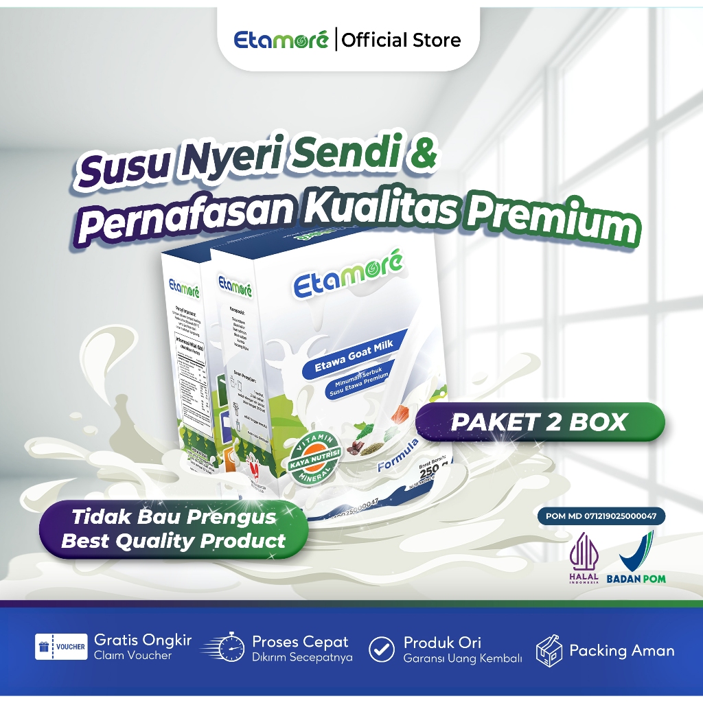 

Etamore 2 Box - Goat Milk Susu Kambing Etawa Premium Untuk Tulang Nyeri Sendi Osteoporosis Pegal Linu Asma Paru-paru Pernafasan BPOM