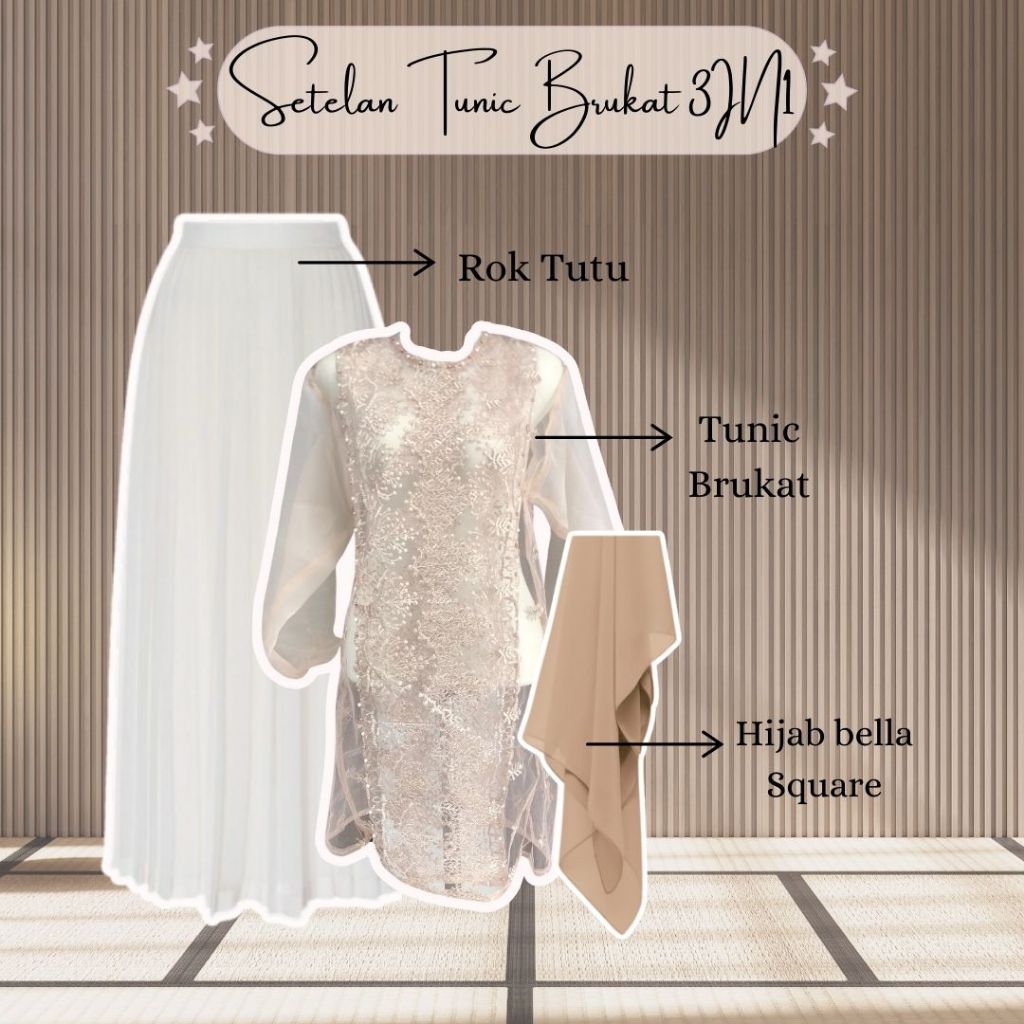 Setelan Tunic Brukat 3in1 Oneset Korean Look Brukat+Rok Tutu+Hijab Ootd Kondangan,lebaran,wisuda - D