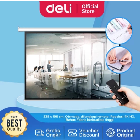 Deli Automatic Screen Proyektor/Layar Proyektor Otomatis 120 inch Dengan Remote Bisa Digantung 50441