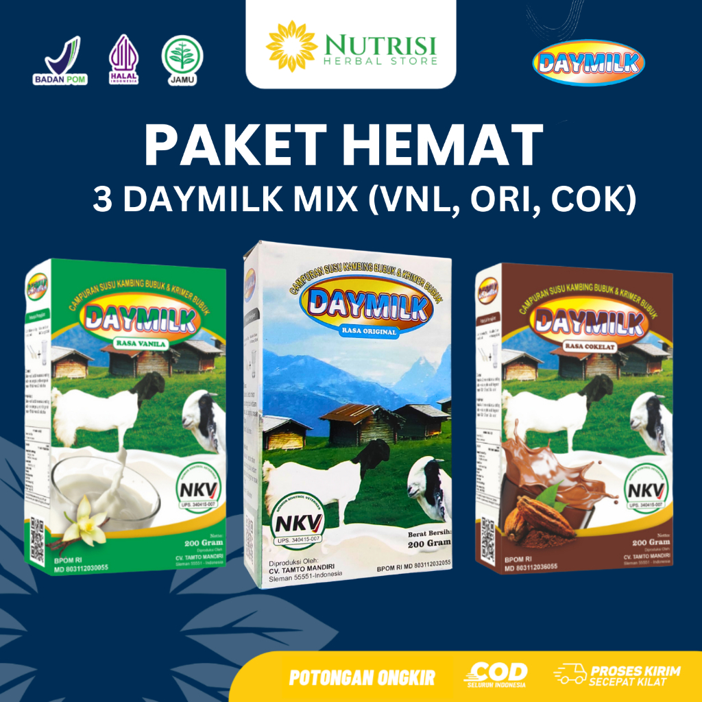 

PAKET HEMAT 3 Box Daymilk Vanilla, Original dan Coklat. SUSU KAMBING ETAWA DAYMILK 200gr Halal BPOM