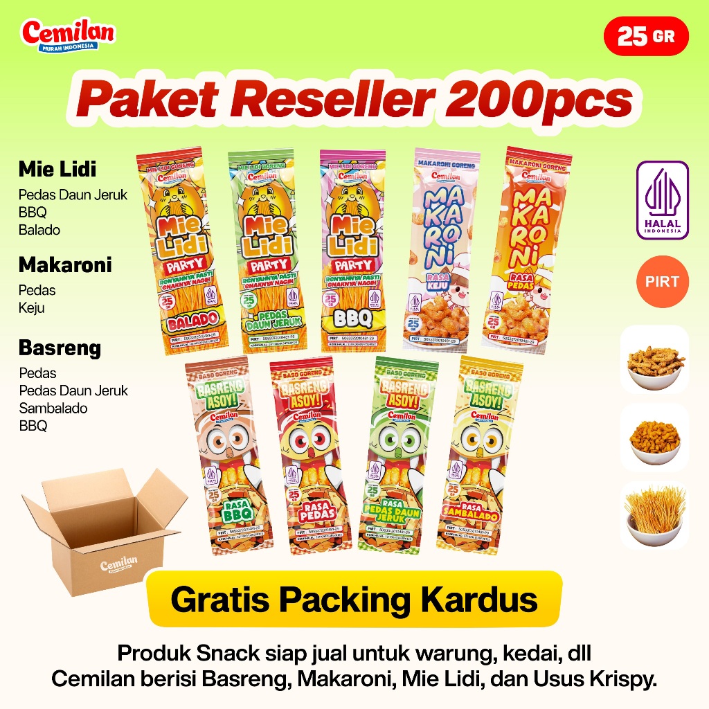 

Paket Usaha 200pcs Reseller Snack Cemilan Murah Indonesia - Makaroni Basreng Mie Lidi - Food Halal Renyah Gurih Asin Goreng Pedas