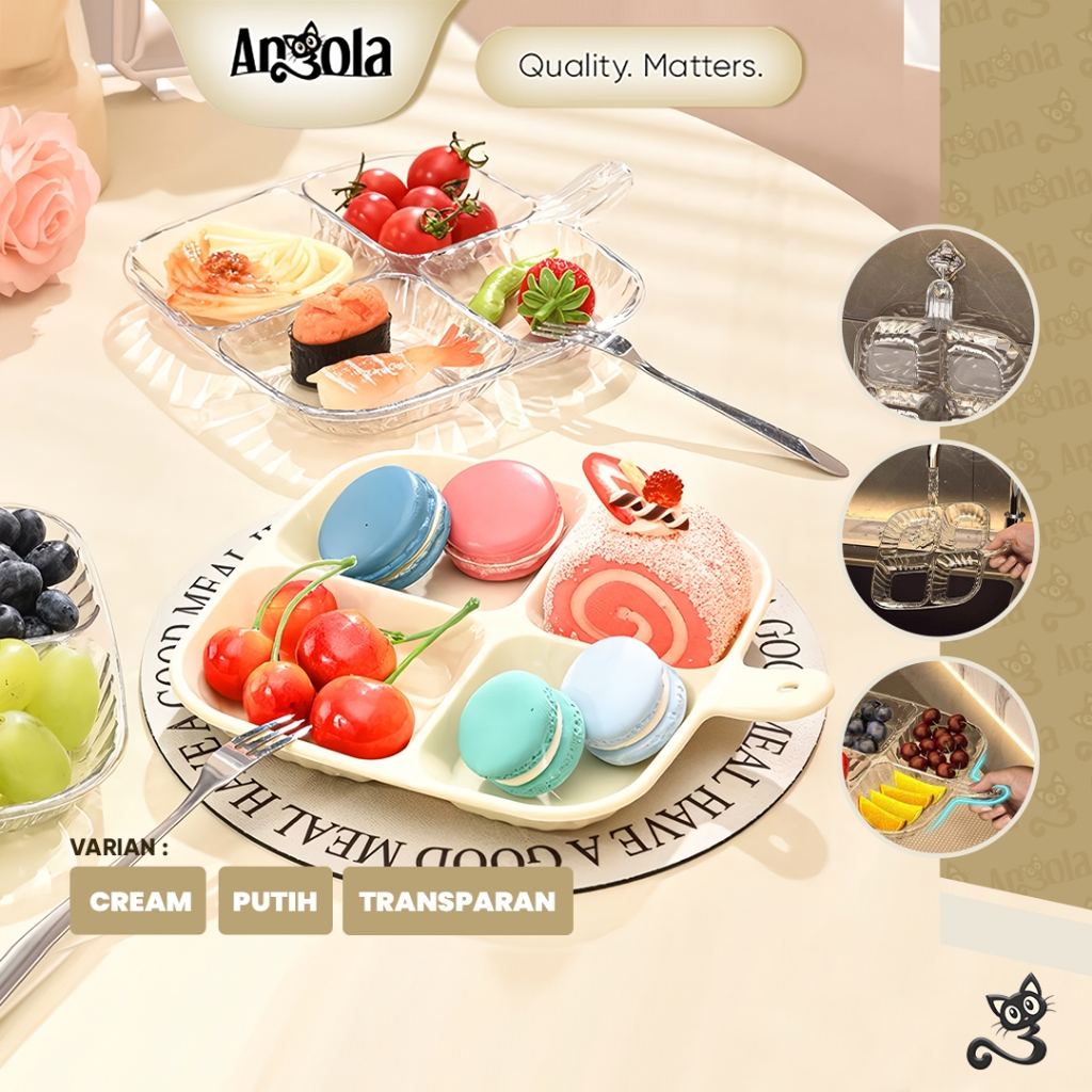 ANGOLA Piring Kue Mini/Piring Buah L04 Piring Makanan 4 Sekat Plastik Tebal/Snack Plate