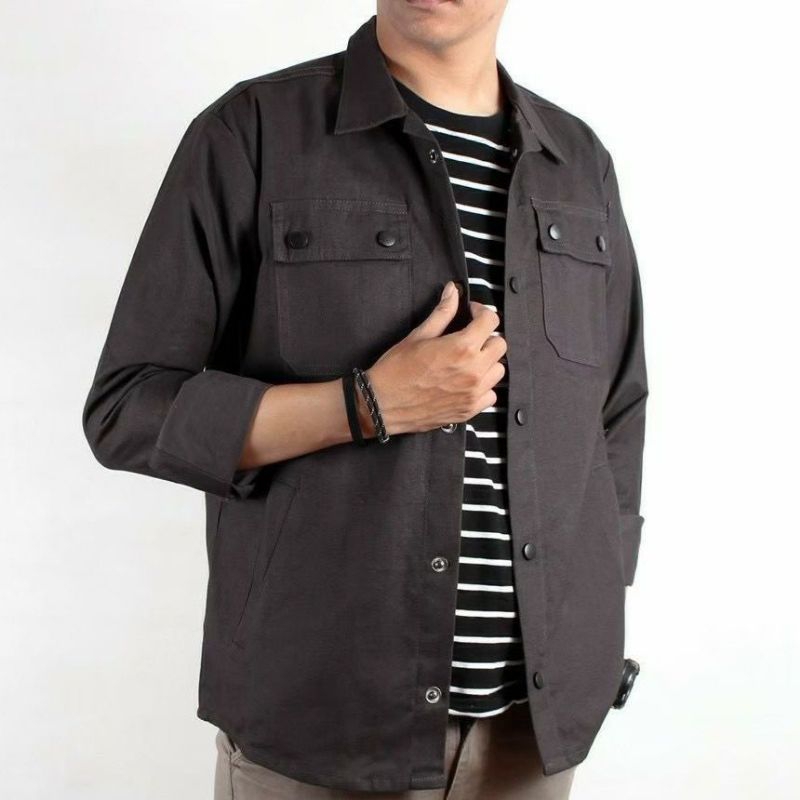 Jaket Semi Parka Pria Wanita Kancing Hitam Jaket Trucket Pria Canvas Parka Full Size