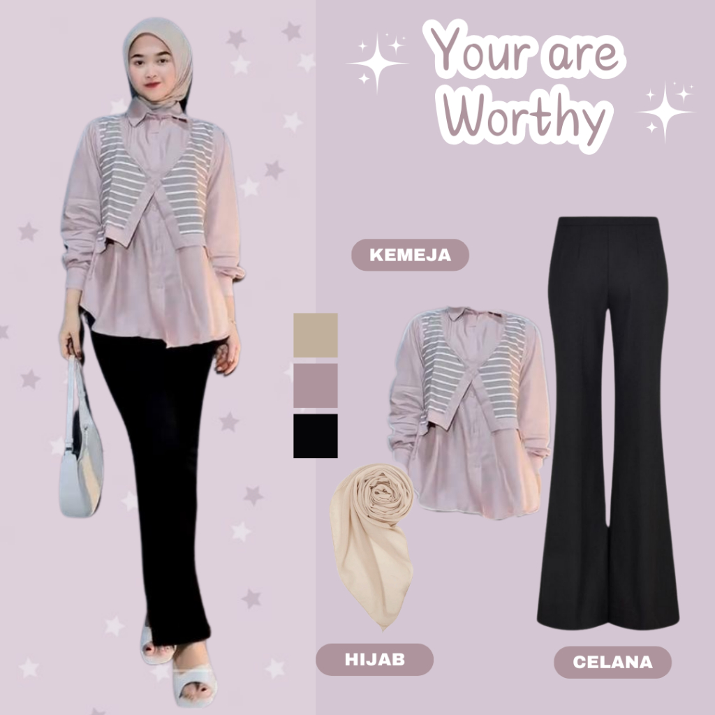 Setelan wanita terbaru|outfit kampus|ootd set (Kemeja wanita, Celana cutbray, Hijab segiempat) -LU10