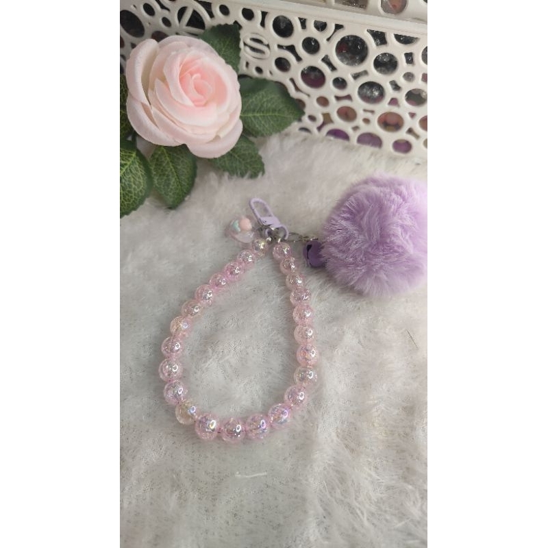 Strap hp/tas/kunci luxury warna ungu Dengan pompom ungu