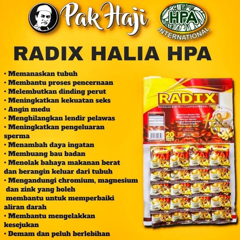 

KOPI PRACAMPURAN HERBAL RADIX HALIA HPA MALAYSIA ORIGINAL ISI 20 SACHET