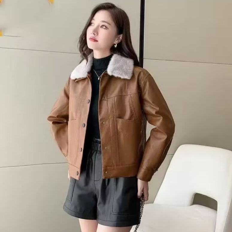 Jacket Trendy Wanita Leather Sintetis - Jacket Wanita Korea Casual