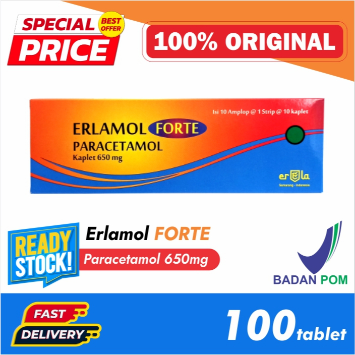 (BISA COD) ERLAMOL FORTE Paracetamol Kaplet 650 mg - 1 Box 100 Kaplet