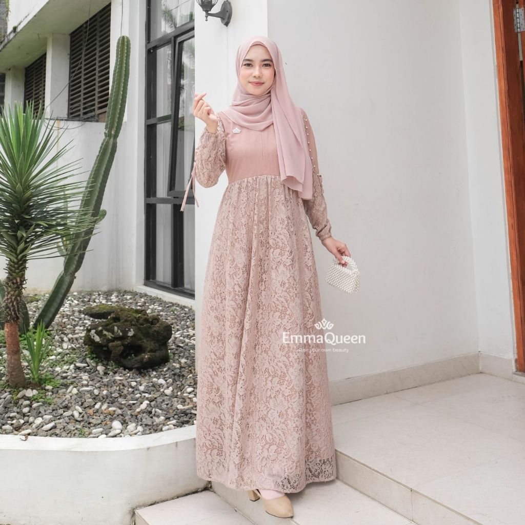 EmmaQueen - Dress Elaina gamis lebaran 2026 model gamis terbaru Mewah Elegan Simple Katun Brukat Kom