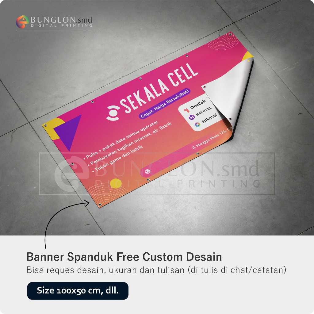 PRINT CETAK SPANDUK BANNER TOKO KONTER JUAL PULSA DAN PAKET DATA BEBAS DESAIN
