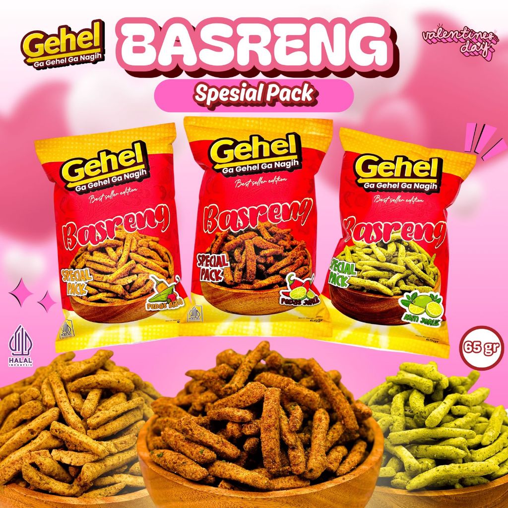 

Gehel Spesial Pack BASRENG 65gr - Cemilan Makaroni varian rasa Pedas Jeruk, Pedas Biasa, Asin Jeruk - Makanan Ringan