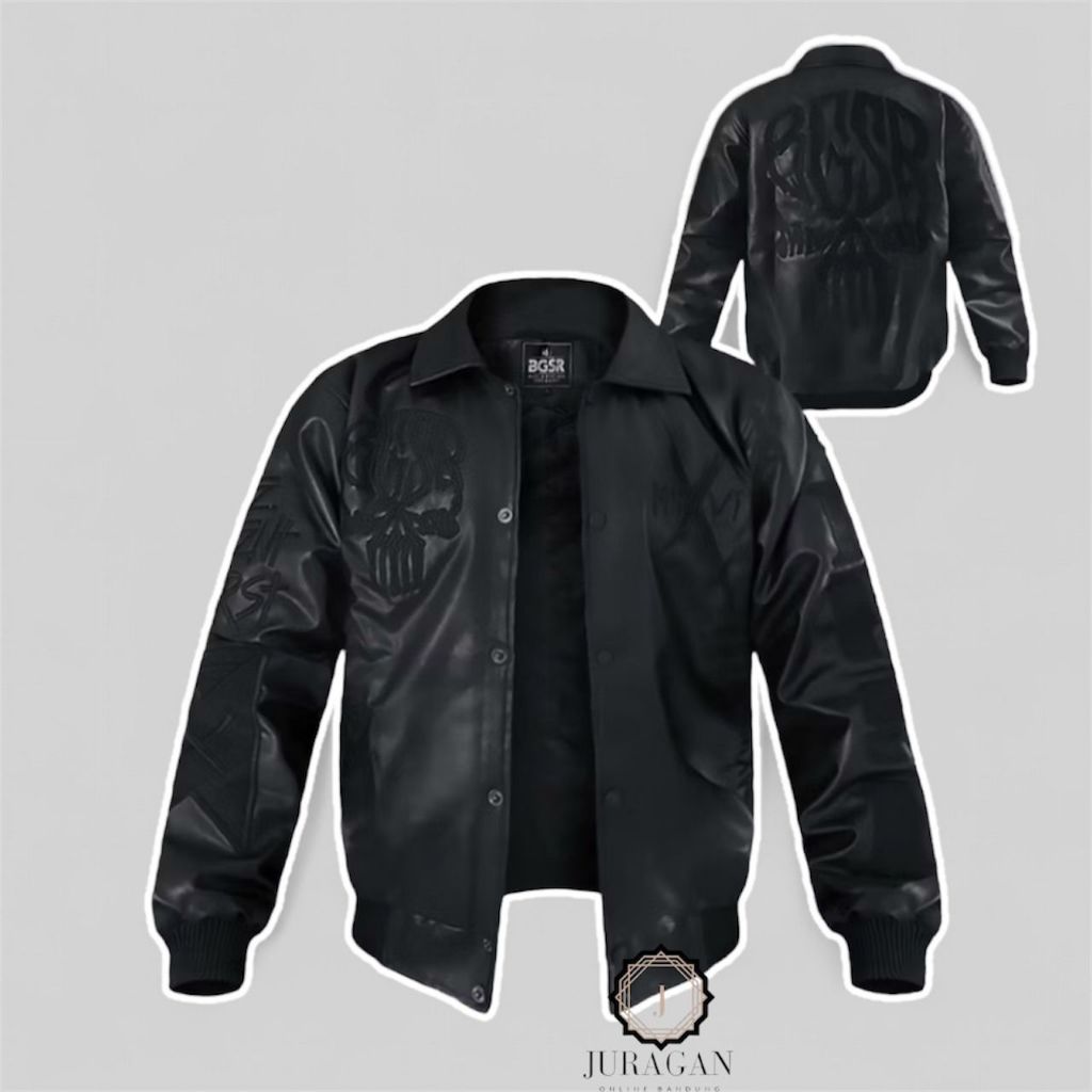 JAKET VARSITY BASEBALL PRIA FULL BLACK SKULL AND FULL BORDIR - JAKET VARSITY SKULL BLACK BGSR-MMXVI