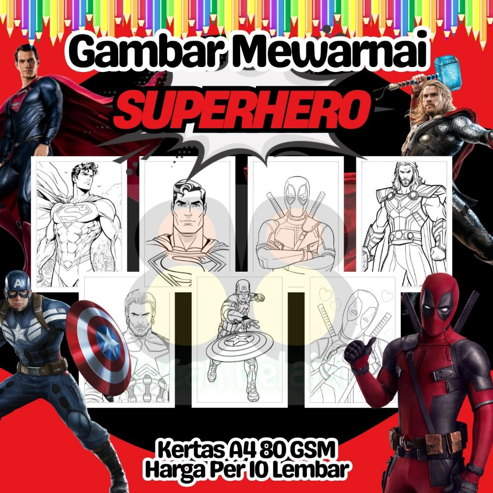 

10 Lembar Kertas A4 Gambar Mewarnai Tema SUPERHERO KAPTEN DEADPOOL THOR SUPERMAN Termurah - Anak Anak TK SD PAUD Remaja