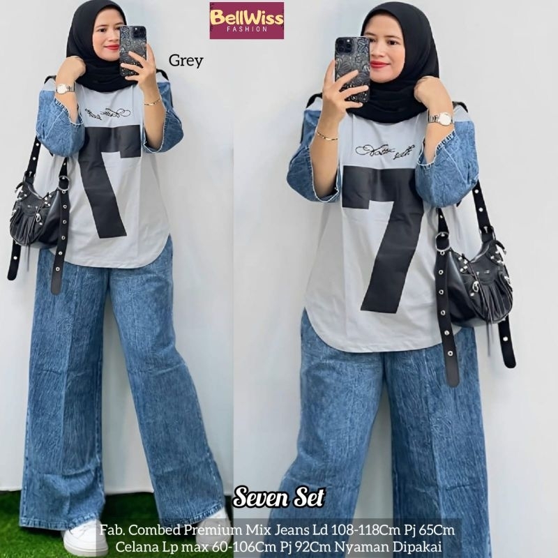 seven one set wanita kekinian by marsela tunik kaos combed setelan jeans wanita celana highwaist den
