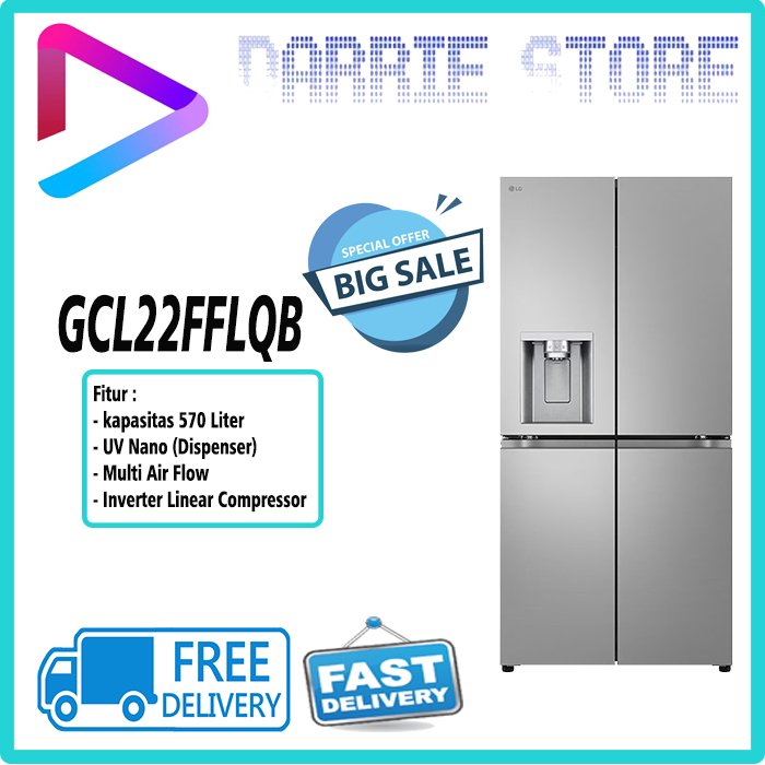 LG GC-L22FFLQB kulkas LG 4 Pintu Multi Door French Door Side by Side GCL22FFLQB Dispenser UV Nano