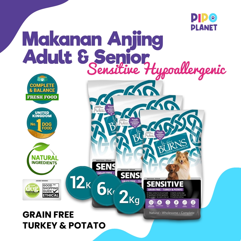 Burns Sensitive Grain Free Dog Food Holistic Turkey & Potato 2kg - 6kg - 12kg Adult & Senior - Makan