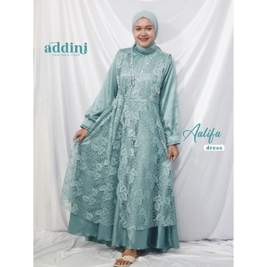 Aalifa Women Dress Gamis Perempuan Satin Luaran Brokat By ADDINI FASHION